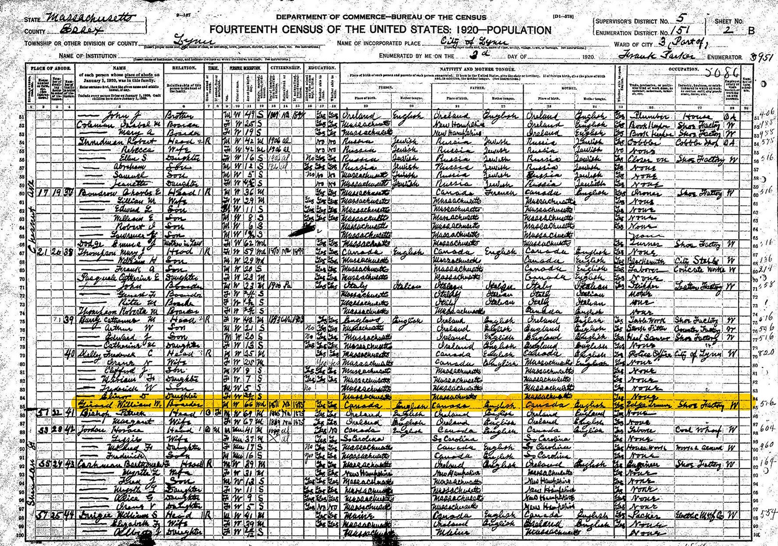 1920 Lynn, MA census record showing William W. Girard living with Kelley family
