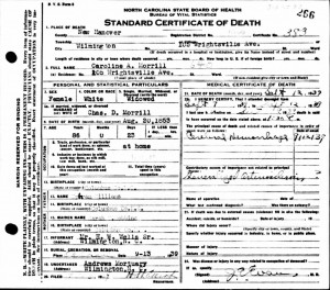 Caroline Morrill's death certificate