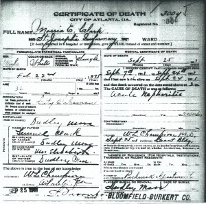 Death certificate for Morris E. Clark. City of Atlanta, Death Certificate #3009, from Fulton County Bureau of Vital Statistics.