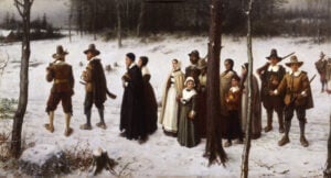 Painting of Pilgrims walking through snow to attend church by George Henry Boughton