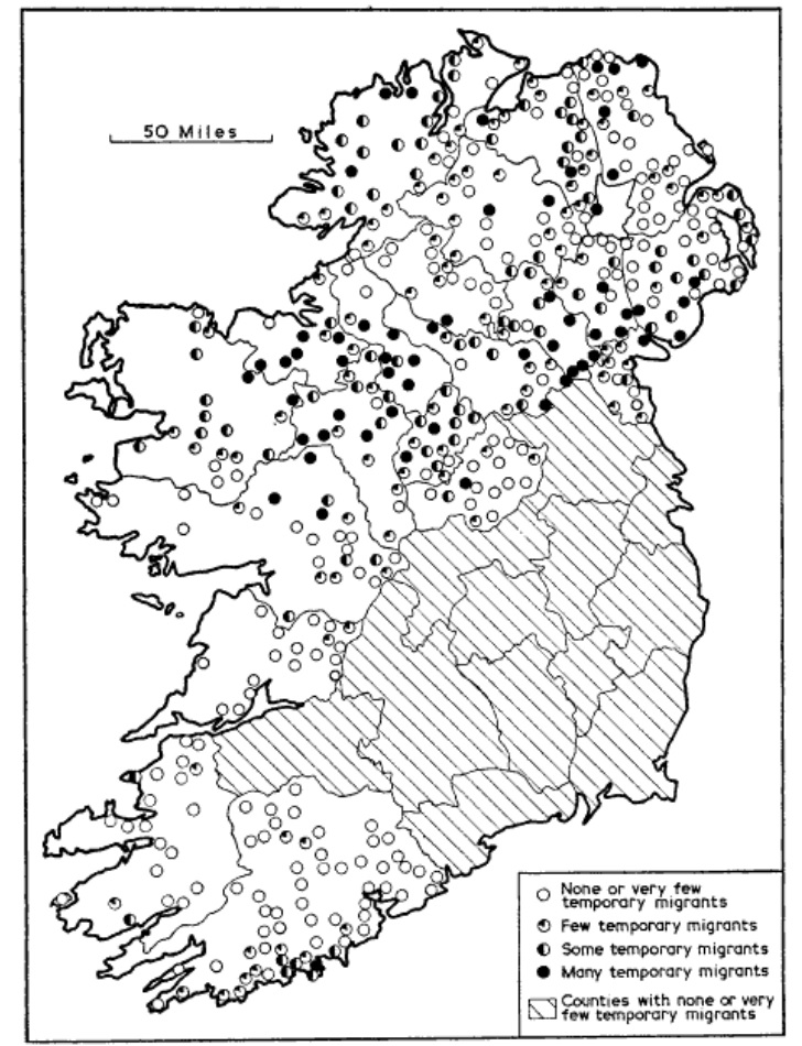 Map showing locations of Irish migrant workers
