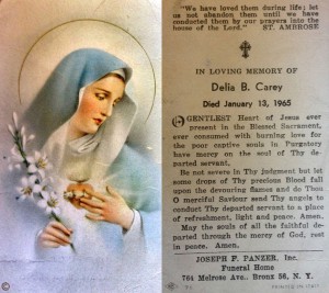 Both sides of the prayer card for Delia B. Carey, 13 January 1965.