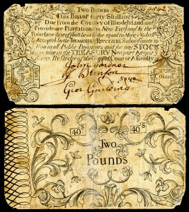 £2 Colonial currency from the Colony of Rhode Island. National Numismatic Collection at the Smithsonian Institution.