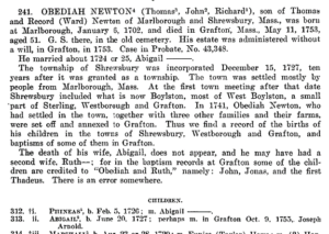 Screenshot of Obediah Newton genealogy mentioning "Abigail"