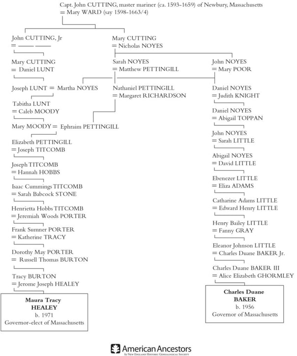 Chart showing the shared lineage of Chalie Baker and Maura Healey