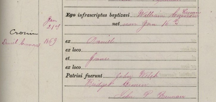 Baptism record for Daniel Cronin