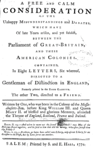 The title page of Benjamin Prescott's "Free and Calm Consideration"