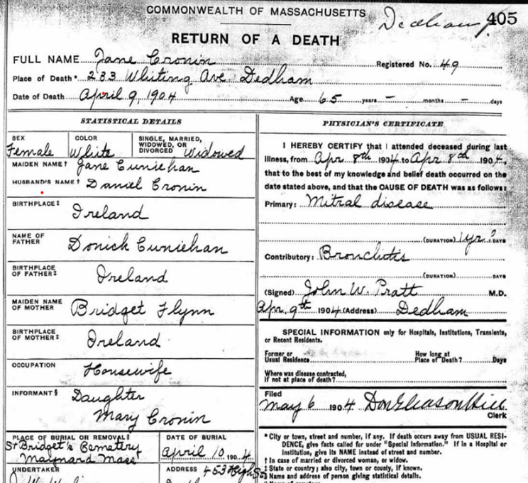 Death certificate for Jane Cronin