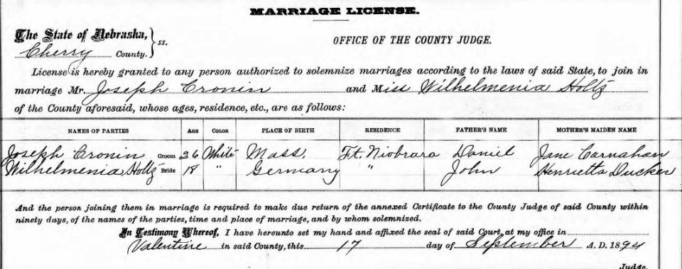 Marriage record for Joseph Cronin and Wilhelmina Holtz
