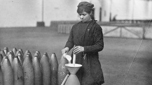A woman working at National Shell Filling Factory Number 9 in Banbury, England, during World War I. 