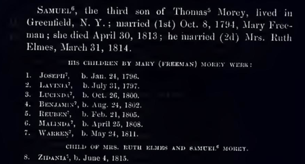 Screenshot of Samuel Morey biographical sketch and list of children