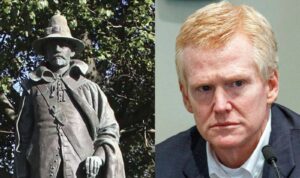 Statue of WIlliam Bradford next to photo of Alex Murdaugh