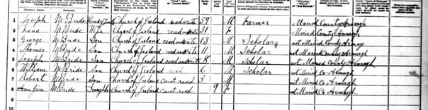 Scan of 1901 census record listing Willie McBride and his family