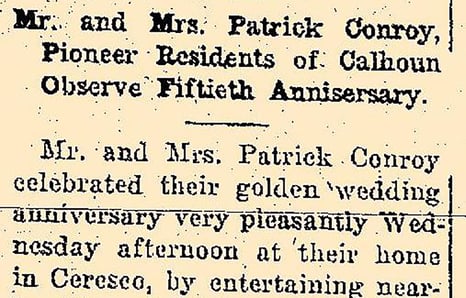 Mr. and Mrs. Patrick Conroy, Pioneer Residents of Calhoun Observe Fiftieth Annisersary